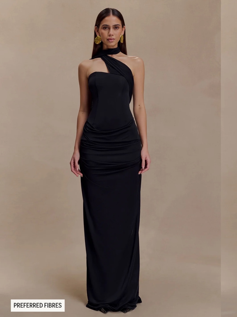 Mattea Slinky And Mesh Maxi Dress With Scarf - Black